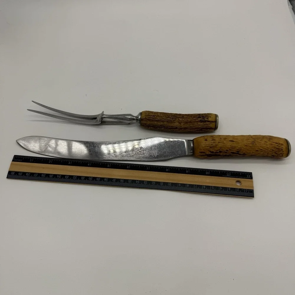 W.R. Humphreys & Co Antler Handle 2pc Carving Set Knife & Fork Sheffield England
